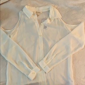 white sheer cut out shoulder blouse